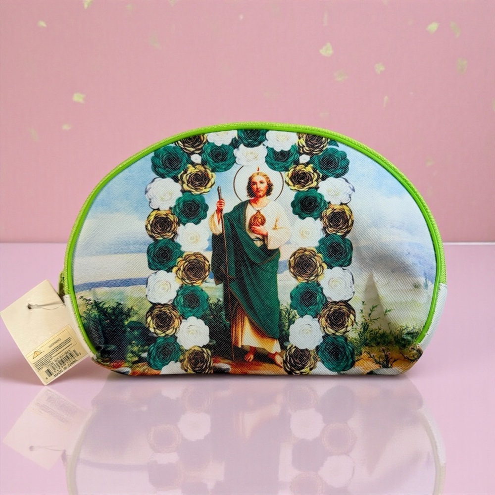 St Jude Religious Zippered Pouch Green Floral Cosmetic Bag 8x6 NWT